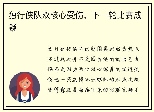 独行侠队双核心受伤，下一轮比赛成疑